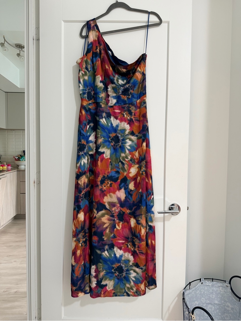 Nicole Miller One-Shoulder Floral Maxi Dress in Blue, Pink, Orange, Cream